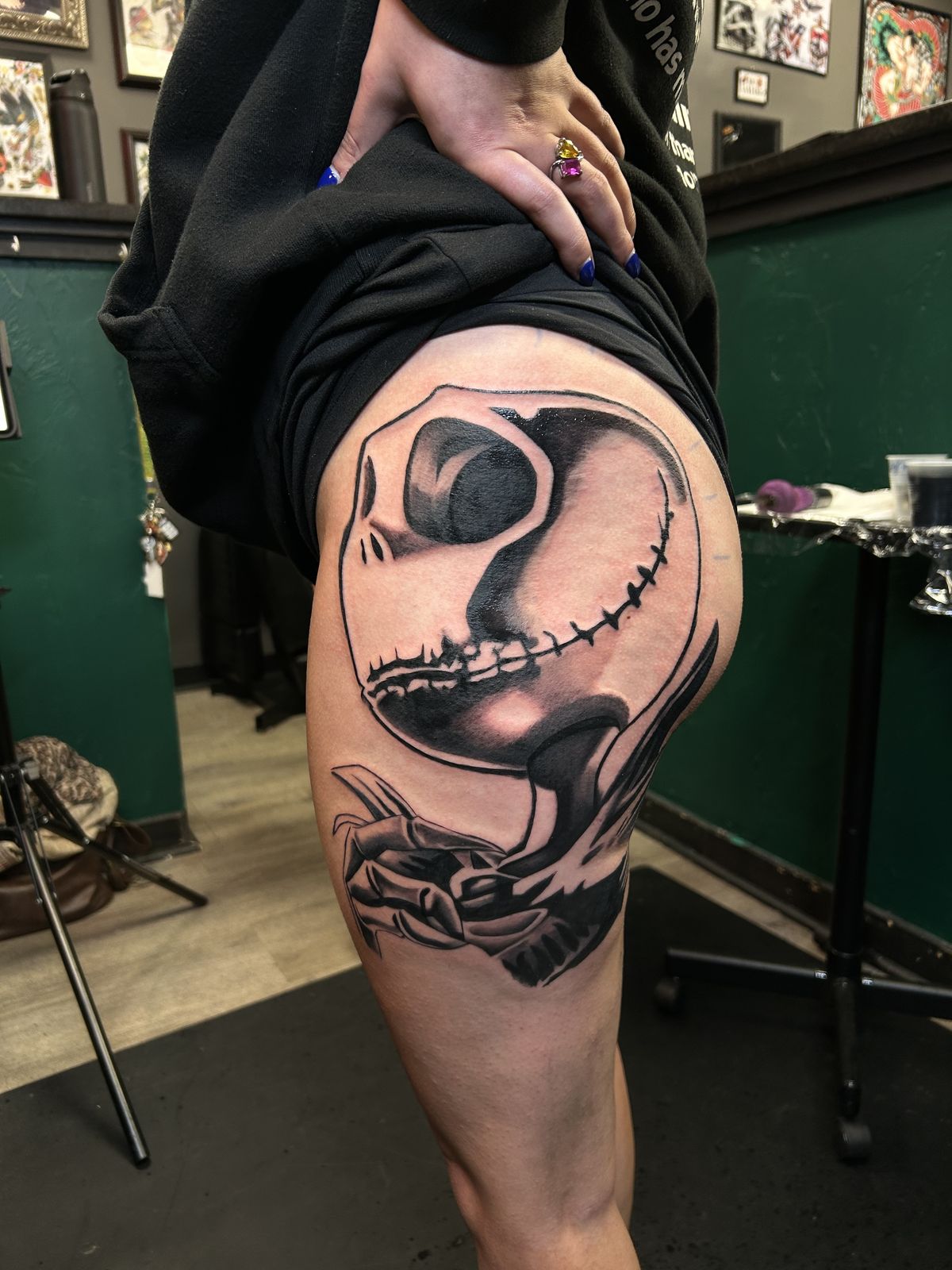 Jack Skellington tattoo on the thigh